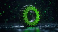 Glowing green gear made of digital particles and binary code floating in dark space with light effects and reflections. Technology concept for engineering solutions.