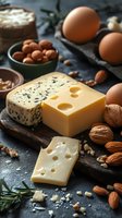 Assorted gourmet cheese varieties with blue cheese, swiss and emmental on wooden board, served with fresh eggs, almonds, walnuts and hazelnuts on dark surface.