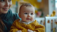 Adorable baby wearing yellow knit sweater smiles while being held by mother in teal scarf, warm natural lighting creates cozy atmosphere in home setting.