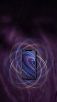 Smartphone with swirling blue and purple energy waves on dark background, representing technology innovation and digital power for tech marketing and app promotion.