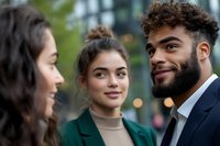 Young diverse professionals engaged in friendly conversation outdoors. Mixed ethnicity group sharing positive interaction with natural smiles and business attire.