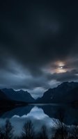 Dramatic moonlit mountain lake with stormy clouds reflecting in calm water during twilight hour creating moody atmospheric landscape scenery.