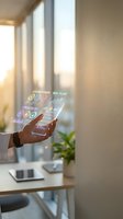 Person holding transparent smartphone displaying holographic wellness app interface with health metrics, stress relief options, and meal plans in modern office workspace near window with natural light.