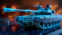 Futuristic military tank with digital wireframe overlay and glowing blue technology elements on dark background with bokeh lights for gaming concepts.