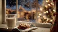Glass of milk and cookies on windowsill with Christmas tree lights and snowy evening cityscape view through frosty window.