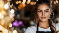Young female barista in black apron and white shirt smiling warmly at camera against blurred golden bokeh lights background, professional hospitality service portrait.
