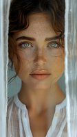 Close-up portrait of a young woman with striking green eyes, natural freckles, and dark wavy hair wearing a white shirt. Perfect for beauty, skincare, and natural makeup advertising.