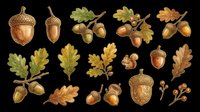 Acorn and oak leaf botanical collection isolated on transparent background. Ready for clipart, t-shirt design, stickers, print-on-demand products, and sublimation projects.