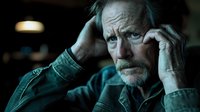 Senior Caucasian man with gray beard in denim jacket showing intense emotional distress and anxiety, dramatic low-key lighting creates moody atmosphere.