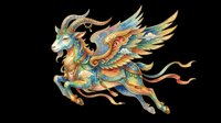 Ornate golden dragon horse with wings, horns, and flowing mane in teal, blue, and orange tones, isolated on transparent background ready for t-shirt design, clipart, stickers, and print-on-demand products.