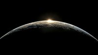 Dramatic sunrise over curved Earth horizon from space showing planet's atmosphere and surface illuminated by golden sunlight against dark cosmos background.