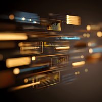 Abstract digital data visualization with golden and blue glowing charts and graphs on dark background, representing business analytics and technology.