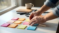Professional businesswoman organizing colorful sticky notes on desk for project planning and workflow management in bright office workspace.
