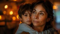 Young Hispanic mother embracing son at night with warm bokeh lights in background, intimate family moment showing maternal love and emotional connection.