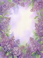 Lilac flowers frame a soft lavender and cream watercolor background, creating an elegant border design suitable for invitations, greeting cards, and spring-themed projects.