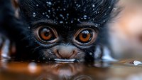 Close-up of black primate with striking amber eyes drinking water, showing detailed facial features and fur texture for wildlife and nature content.