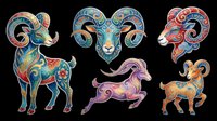 Colorful ornamental ram and goat clipart set, isolated on transparent background. Great for zodiac stickers, t-shirt design, print on demand, and sublimation crafts.