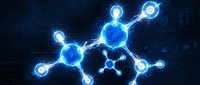 Glowing blue molecular structure with connected atoms and bonds on dark digital background for science technology and chemistry concepts.