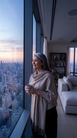 Middle-aged woman with gray hair and glasses gazing at cityscape from high-rise apartment window at sunset, holding warm beverage, wearing beige shawl over black pants in modern interior.