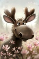 Cute cartoon moose character with big eyes peering through pink wildflowers in dreamy spring meadow setting, soft bokeh background creates magical atmosphere.