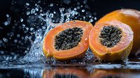Fresh papaya fruit cut in half with black seeds splashing in water droplets on dark background for healthy tropical nutrition and culinary design.