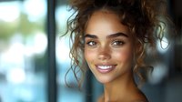 Young mixed-race woman with curly hair smiling warmly in modern office setting with natural lighting and blurred background for business portraits.