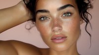 Young mixed race woman with freckles and natural makeup on pink background, close up portrait showing glowing skin, messy updo hairstyle and blue eyes.