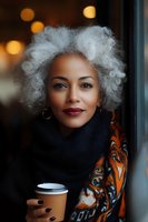 Portrait of confident mature African American woman with stylish gray curly hair holding coffee cup in cozy cafe with warm bokeh lights in background.