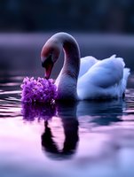 Graceful white swan swimming in purple twilight water with lilac flowers, creating magical reflection. Romantic nature scene with ethereal lighting and dreamy atmosphere.