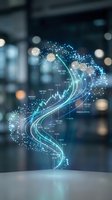 Futuristic holographic data visualization with flowing blue light streams and financial charts displaying stock market analytics in modern office environment.