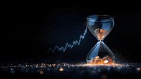 Golden coins flowing through hourglass with glowing financial chart in dark background, symbolizing time value of money and investment growth concept.