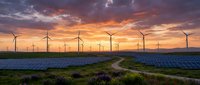 Renewable energy landscape with wind turbines and solar panels at sunset showcasing sustainable power generation and clean technology infrastructure.