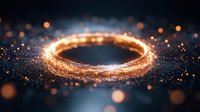 Glowing golden ring of light particles floating in dark space with sparkling bokeh effect and magical luminous energy swirling in circular motion.