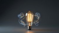 Glowing vintage Edison bulb with DNA helix and atomic structures floating around it representing innovation, science and creative ideas in modern technology.
