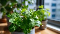 Fresh mint plant growing in pot on windowsill with natural sunlight, urban gardening concept for home cooking and herbal tea preparation.