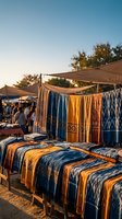 Colorful traditional textiles and fabrics displayed at outdoor market stall with warm sunset lighting creating vibrant shopping atmosphere.
