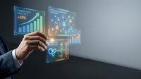 Businessman hand touching holographic data analytics displays showing productivity growth charts and financial metrics for business intelligence and performance management.