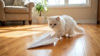 White fluffy cat playing with paper airplane on wooden floor in bright living room with sunlight, suitable for pet, home decor, and lifestyle content.