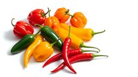 Colorful assortment of fresh hot chili peppers including red, orange, yellow and green varieties isolated on white background for culinary and cooking projects.