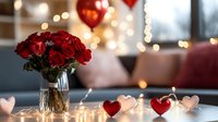 Red roses in crystal vase with heart decorations and fairy lights on white table, romantic Valentine's Day setting with blurred cozy living room background.