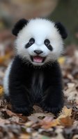 Adorable baby panda cub sitting among autumn leaves with happy expression, showing fluffy black and white fur and bright eyes. Great for wildlife and nature content.