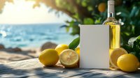 Fresh yellow lemons and bottle of limoncello liqueur with blank white card on sandy beach at sunset, Mediterranean summer drink and citrus fruits.