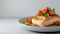 Grilled salmon fillet topped with fresh cherry tomatoes and basil on white plate against neutral gray background for food photography.