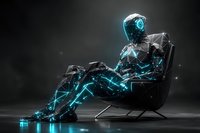 Futuristic android with glowing blue energy lines relaxes in modern chair against dark background, polygon mesh structure creates sci-fi atmosphere.