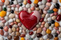 Red glossy heart shape on colorful smooth pebbles and stones background, romantic love concept for valentines day cards and relationship designs.