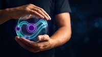 Male hands protecting glowing digital heart with futuristic holographic interface on dark background for healthcare technology and medical innovation concepts.