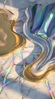 Abstract holographic liquid metal flows over cracked marble surface with rainbow reflections creating futuristic digital art composition for modern design projects.