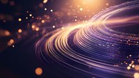Glowing curved light trails with bokeh particles on dark background create dynamic motion effect in purple and orange colors for technology concepts.
