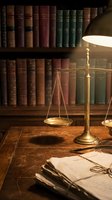 Vintage brass scales of justice on wooden desk with old books and documents in warm library setting for legal and law office concepts.