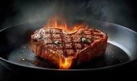 Juicy grilled beef steak with fire flames and smoke on black pan, close up view of medium rare meat with grill marks and seasonings. Perfect for food menus.